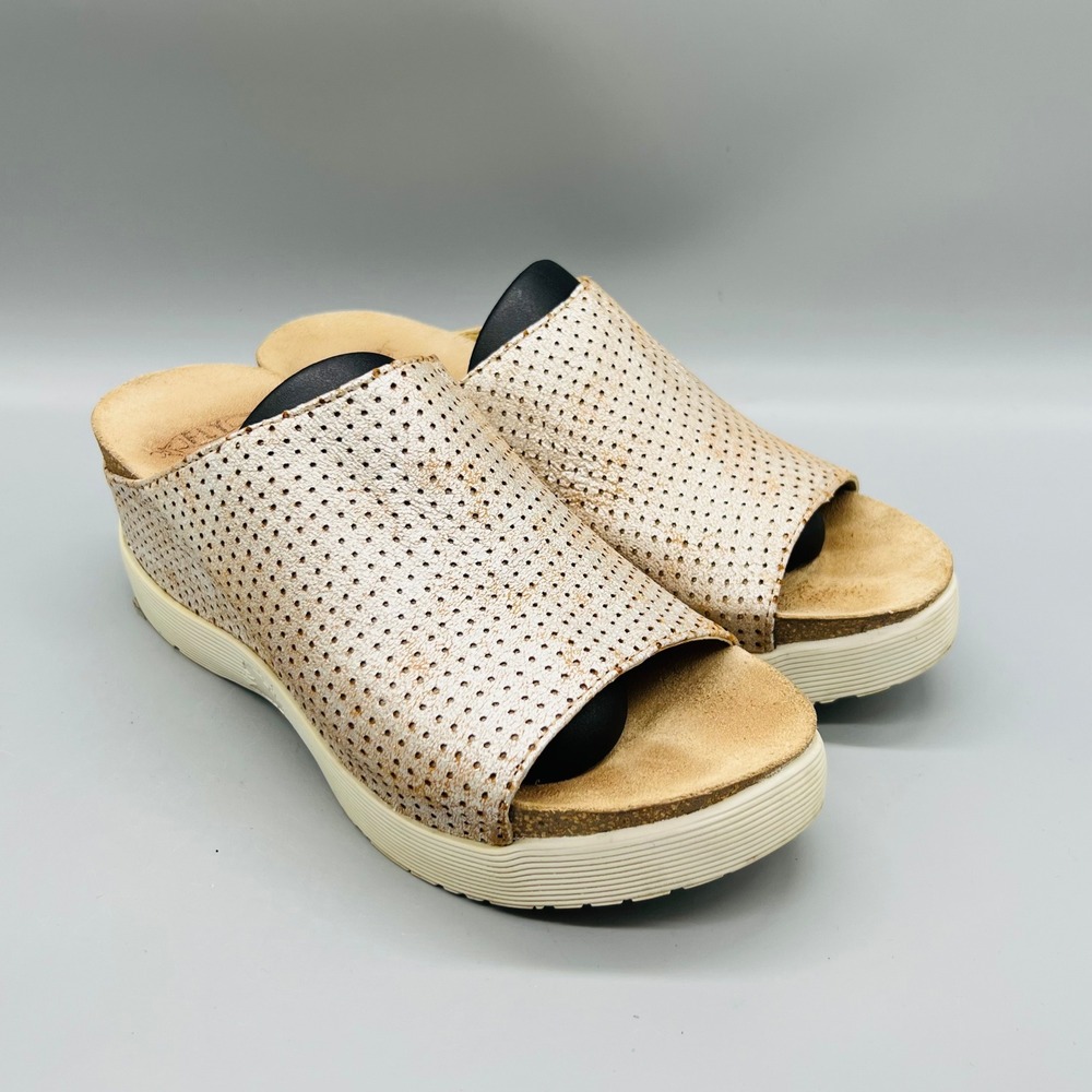 Fly London Sandals Women 6.5 Rose Gold Leather Perforated Platform Slide Shoes - Picture 2 of 10